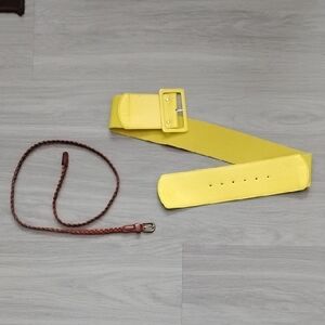 Yellow Wide Waist Belt with Brown Braided Accent Belt